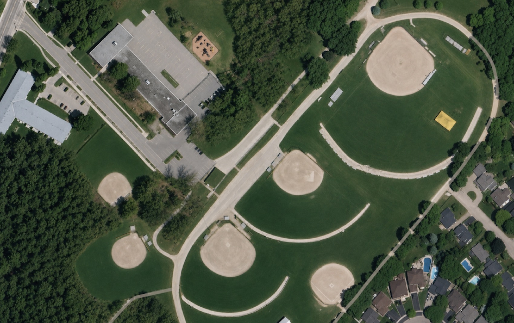 Aerial view of the multi-diamond complex at Georgetown Fairgrounds, Halton Hills, Ontario